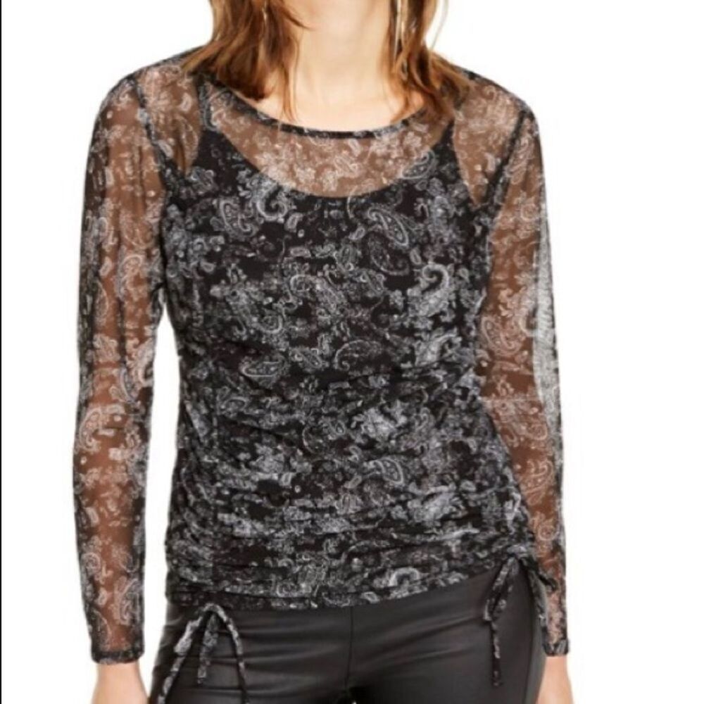NWT INC Floral Paisley Mesh Top size XS Black Long Sleeve Goth Biker Witchy